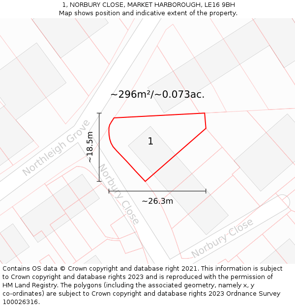 1, NORBURY CLOSE, MARKET HARBOROUGH, LE16 9BH: Plot and title map