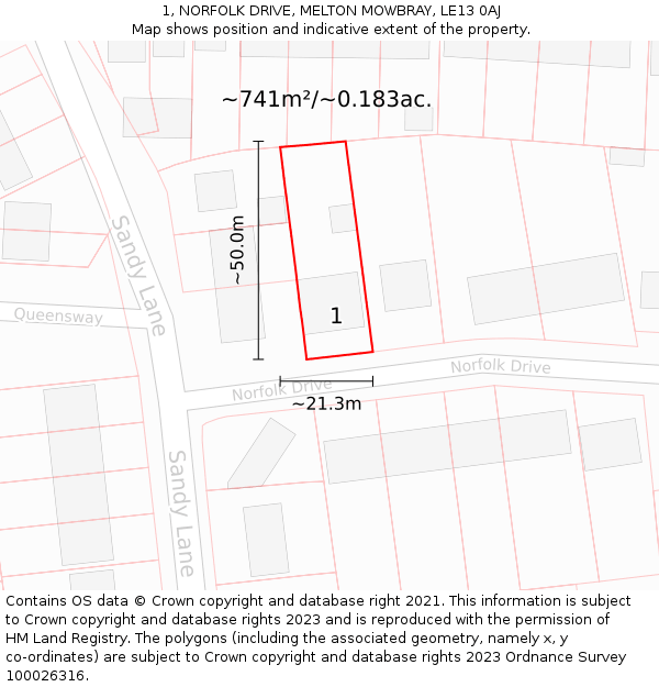 1, NORFOLK DRIVE, MELTON MOWBRAY, LE13 0AJ: Plot and title map