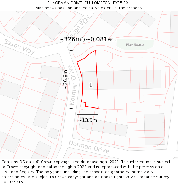 1, NORMAN DRIVE, CULLOMPTON, EX15 1XH: Plot and title map