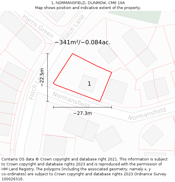 1, NORMANSFIELD, DUNMOW, CM6 1XA: Plot and title map