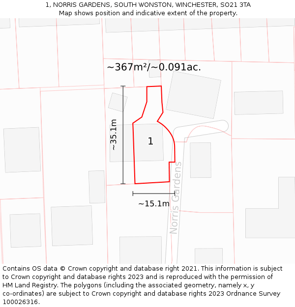 1, NORRIS GARDENS, SOUTH WONSTON, WINCHESTER, SO21 3TA: Plot and title map