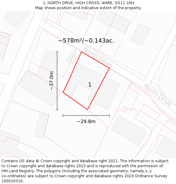 1, NORTH DRIVE, HIGH CROSS, WARE, SG11 1AN: Plot and title map