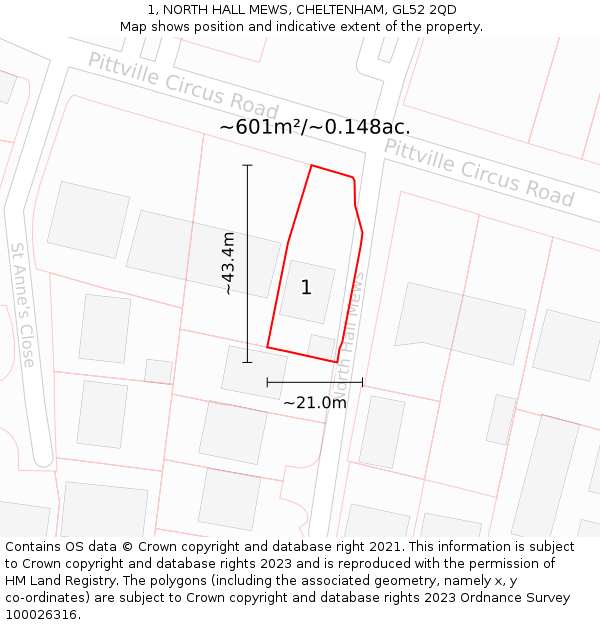 1, NORTH HALL MEWS, CHELTENHAM, GL52 2QD: Plot and title map