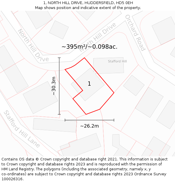 1, NORTH HILL DRIVE, HUDDERSFIELD, HD5 0EH: Plot and title map