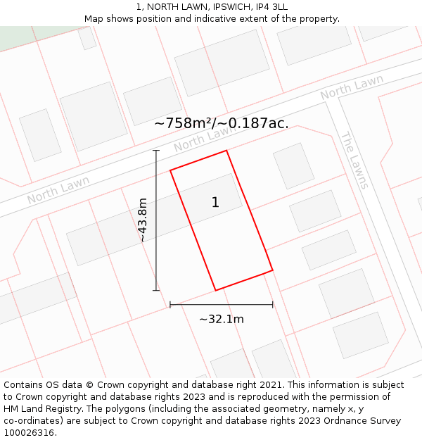 1, NORTH LAWN, IPSWICH, IP4 3LL: Plot and title map