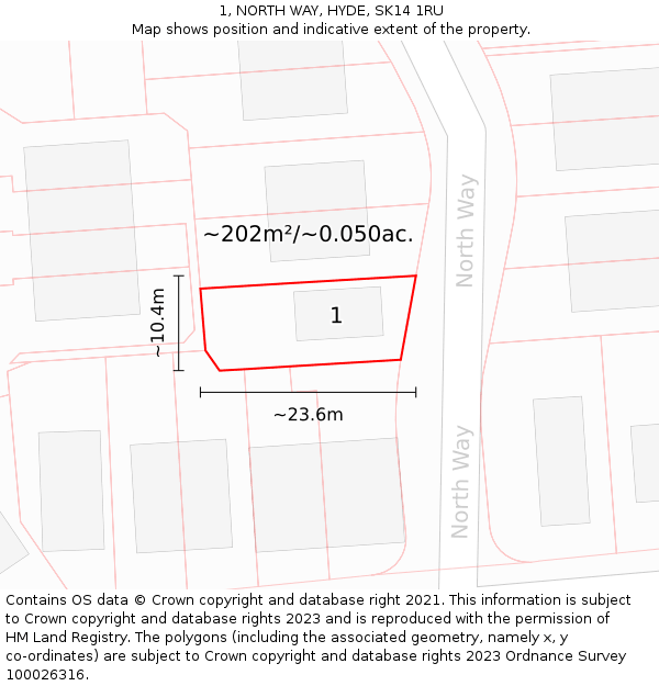 1, NORTH WAY, HYDE, SK14 1RU: Plot and title map