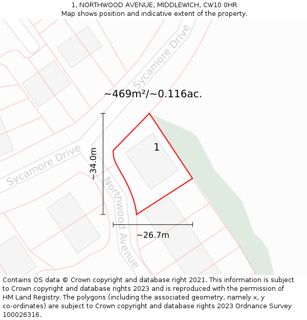 1, NORTHWOOD AVENUE, MIDDLEWICH, CW10 0HR: Plot and title map