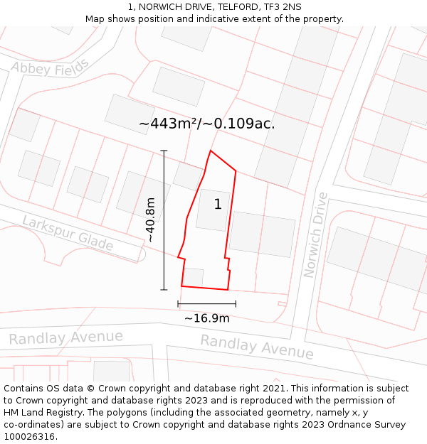 1, NORWICH DRIVE, TELFORD, TF3 2NS: Plot and title map