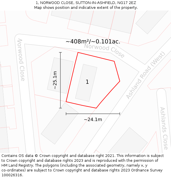 1, NORWOOD CLOSE, SUTTON-IN-ASHFIELD, NG17 2EZ: Plot and title map