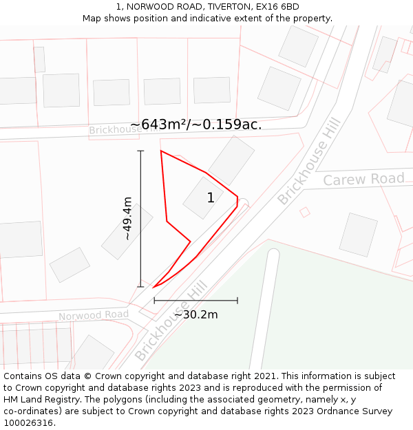 1, NORWOOD ROAD, TIVERTON, EX16 6BD: Plot and title map