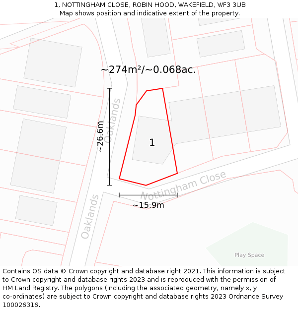 1, NOTTINGHAM CLOSE, ROBIN HOOD, WAKEFIELD, WF3 3UB: Plot and title map