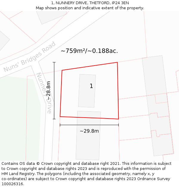 1, NUNNERY DRIVE, THETFORD, IP24 3EN: Plot and title map