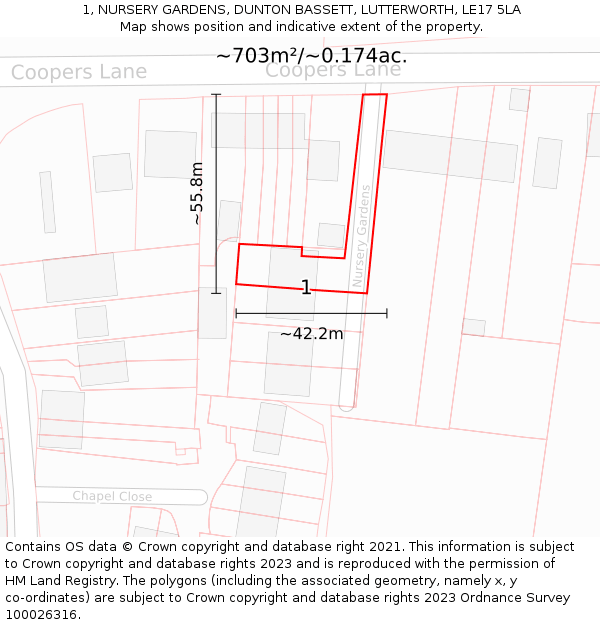 1, NURSERY GARDENS, DUNTON BASSETT, LUTTERWORTH, LE17 5LA: Plot and title map