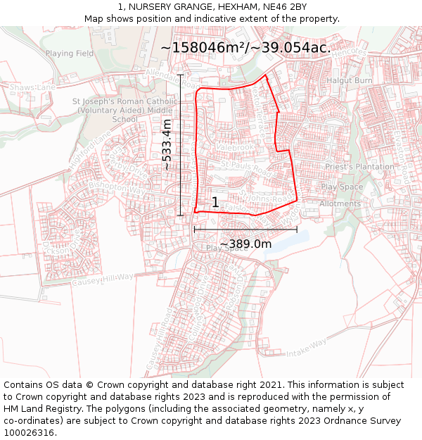 1, NURSERY GRANGE, HEXHAM, NE46 2BY: Plot and title map