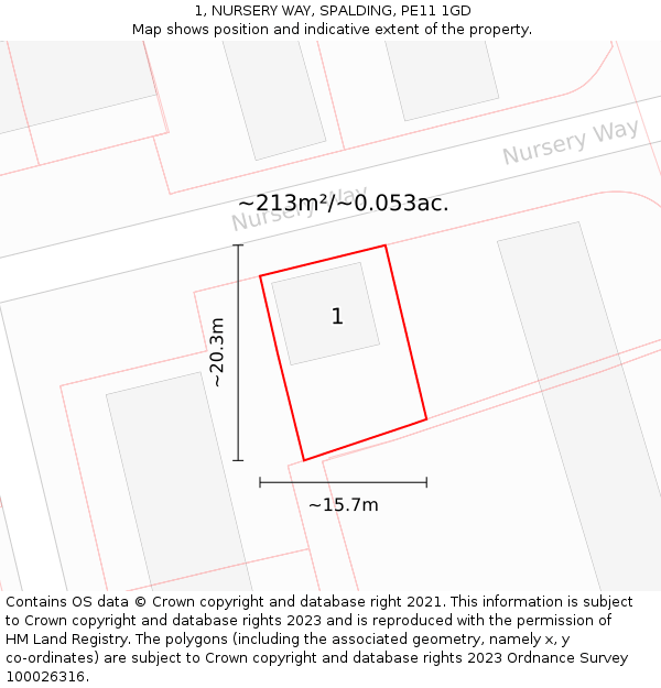 1, NURSERY WAY, SPALDING, PE11 1GD: Plot and title map