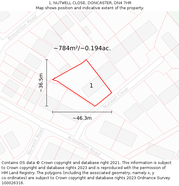 1, NUTWELL CLOSE, DONCASTER, DN4 7HR: Plot and title map