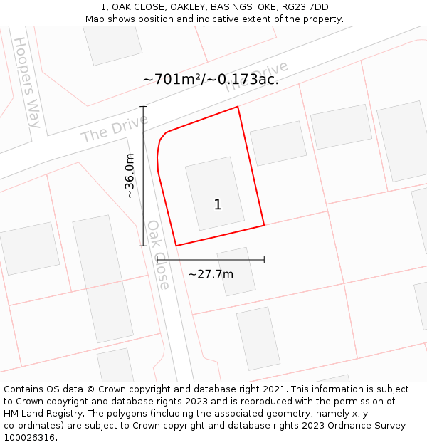 1, OAK CLOSE, OAKLEY, BASINGSTOKE, RG23 7DD: Plot and title map