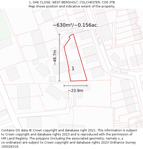 1, OAK CLOSE, WEST BERGHOLT, COLCHESTER, CO6 3TB: Plot and title map