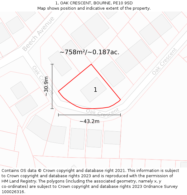 1, OAK CRESCENT, BOURNE, PE10 9SD: Plot and title map