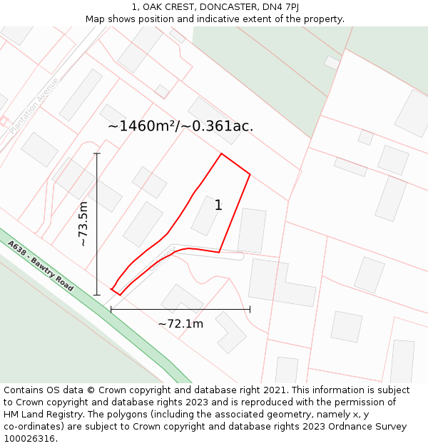 1, OAK CREST, DONCASTER, DN4 7PJ: Plot and title map