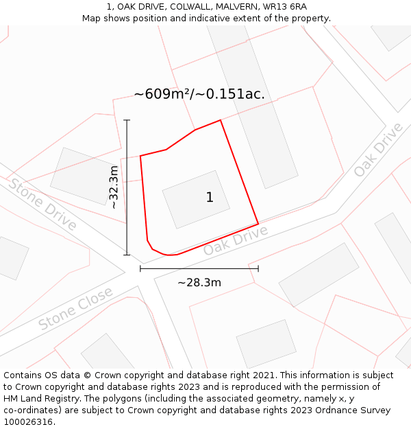 1, OAK DRIVE, COLWALL, MALVERN, WR13 6RA: Plot and title map