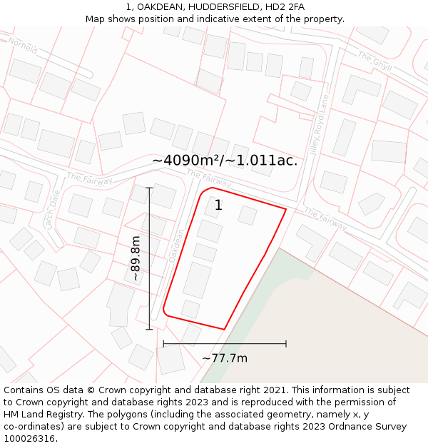 1, OAKDEAN, HUDDERSFIELD, HD2 2FA: Plot and title map