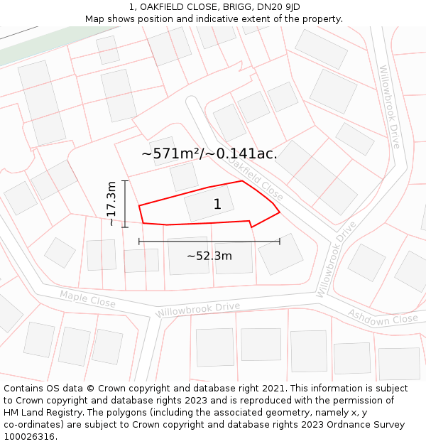 1, OAKFIELD CLOSE, BRIGG, DN20 9JD: Plot and title map