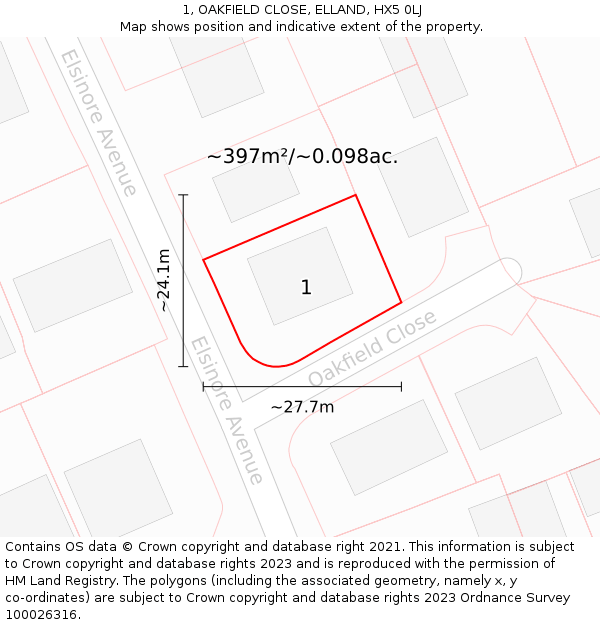 1, OAKFIELD CLOSE, ELLAND, HX5 0LJ: Plot and title map