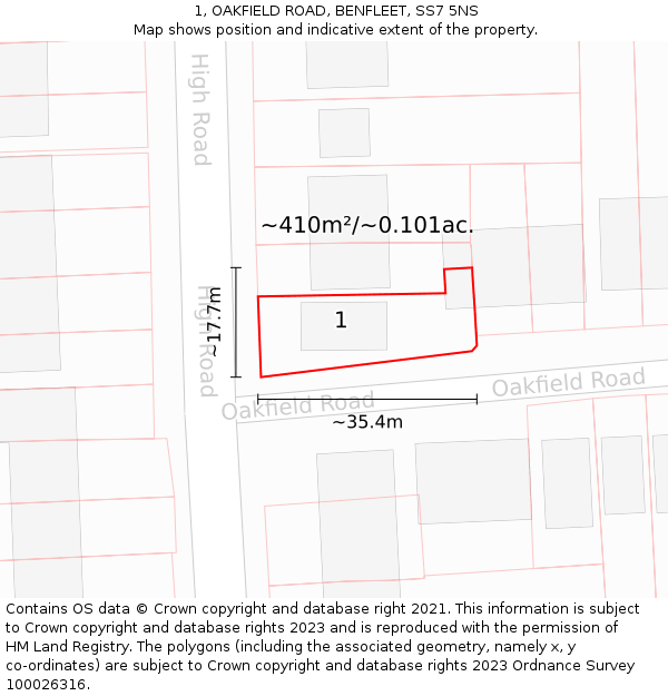 1, OAKFIELD ROAD, BENFLEET, SS7 5NS: Plot and title map