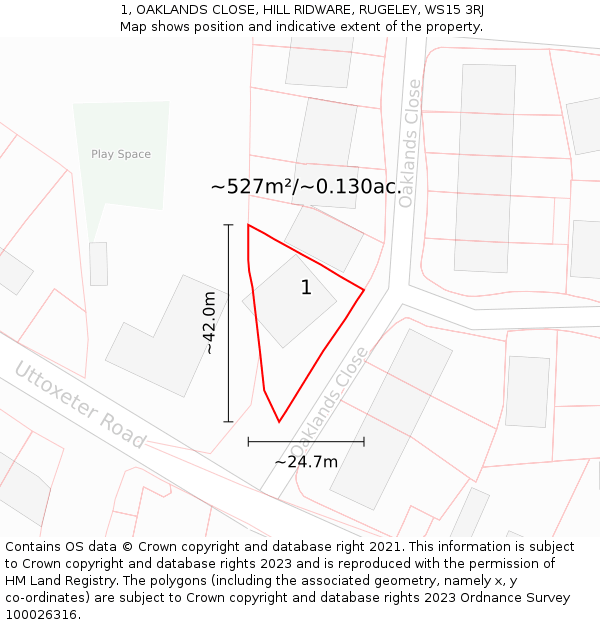1, OAKLANDS CLOSE, HILL RIDWARE, RUGELEY, WS15 3RJ: Plot and title map