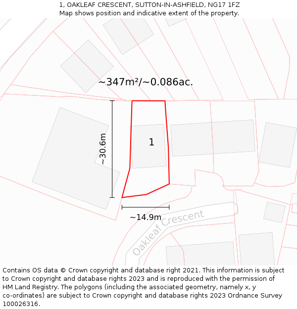 1, OAKLEAF CRESCENT, SUTTON-IN-ASHFIELD, NG17 1FZ: Plot and title map