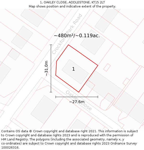 1, OAKLEY CLOSE, ADDLESTONE, KT15 2LT: Plot and title map