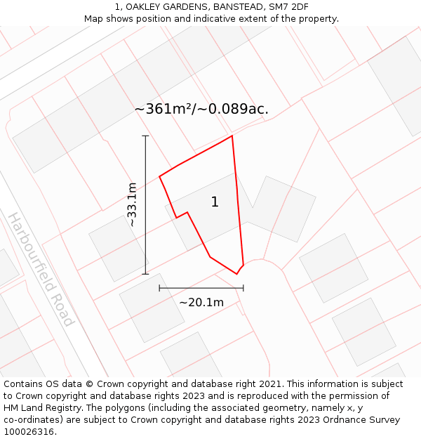 1, OAKLEY GARDENS, BANSTEAD, SM7 2DF: Plot and title map