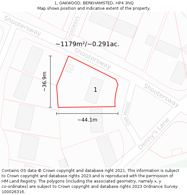 1, OAKWOOD, BERKHAMSTED, HP4 3NQ: Plot and title map