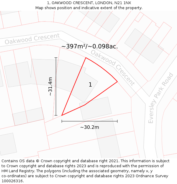 1, OAKWOOD CRESCENT, LONDON, N21 1NX: Plot and title map