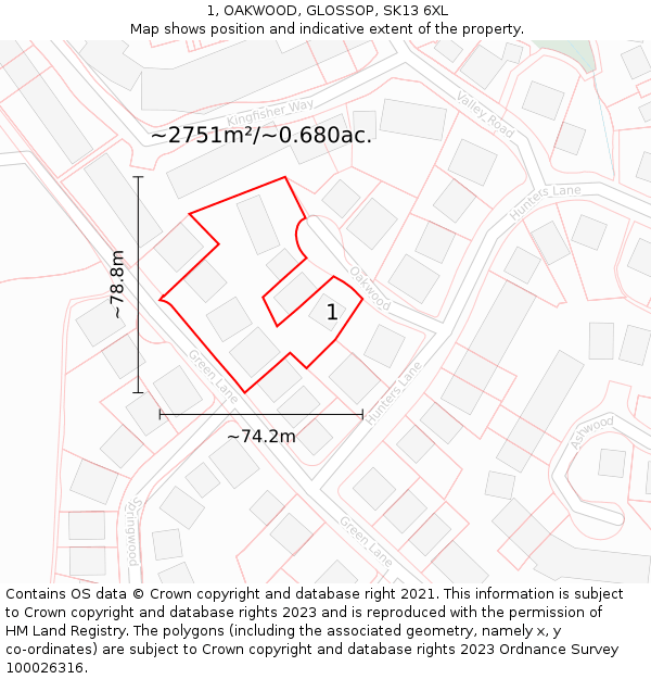 1, OAKWOOD, GLOSSOP, SK13 6XL: Plot and title map