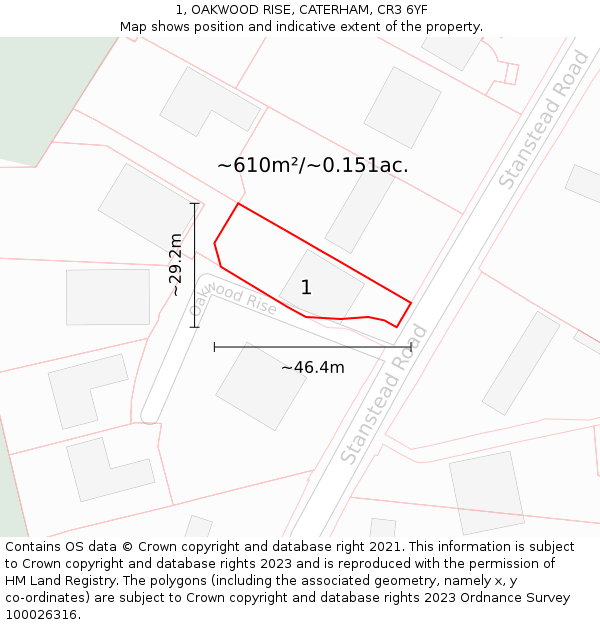 1, OAKWOOD RISE, CATERHAM, CR3 6YF: Plot and title map