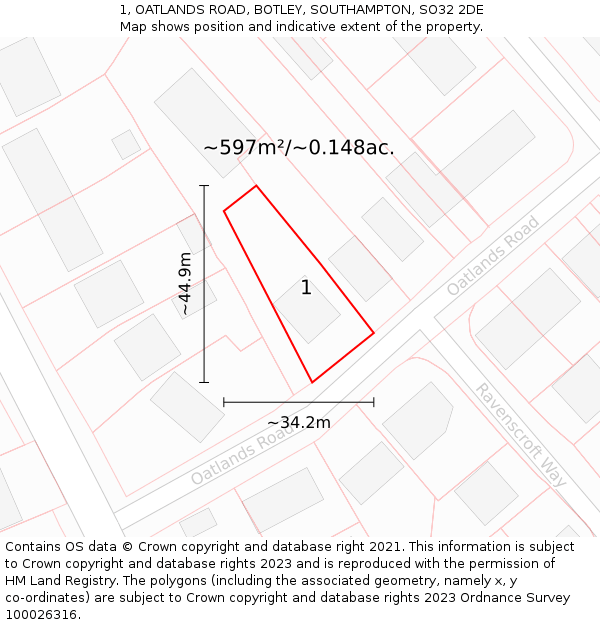 1, OATLANDS ROAD, BOTLEY, SOUTHAMPTON, SO32 2DE: Plot and title map