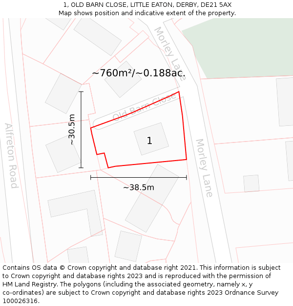 1, OLD BARN CLOSE, LITTLE EATON, DERBY, DE21 5AX: Plot and title map