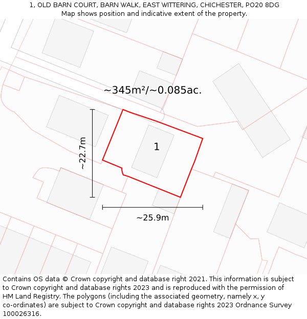 1, OLD BARN COURT, BARN WALK, EAST WITTERING, CHICHESTER, PO20 8DG: Plot and title map