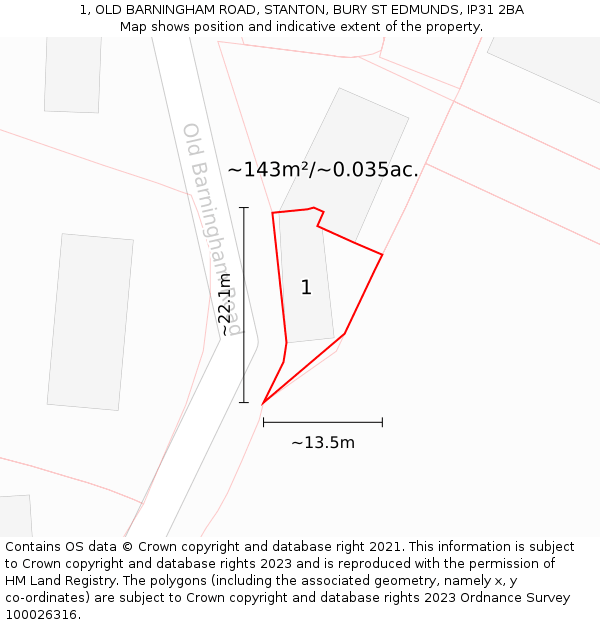 1, OLD BARNINGHAM ROAD, STANTON, BURY ST EDMUNDS, IP31 2BA: Plot and title map