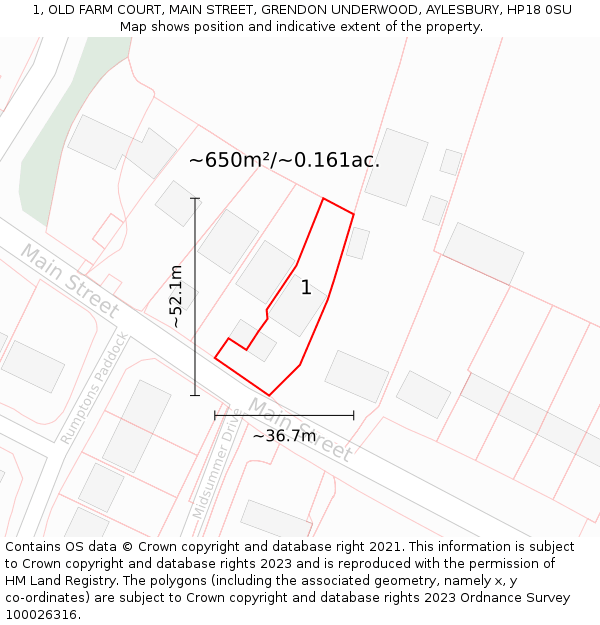 1, OLD FARM COURT, MAIN STREET, GRENDON UNDERWOOD, AYLESBURY, HP18 0SU: Plot and title map