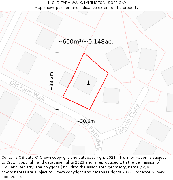 1, OLD FARM WALK, LYMINGTON, SO41 3NY: Plot and title map