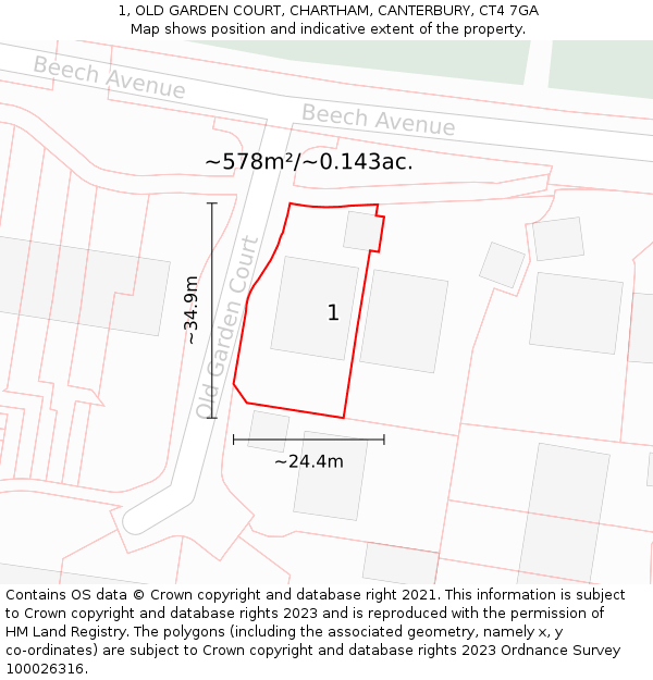 1, OLD GARDEN COURT, CHARTHAM, CANTERBURY, CT4 7GA: Plot and title map