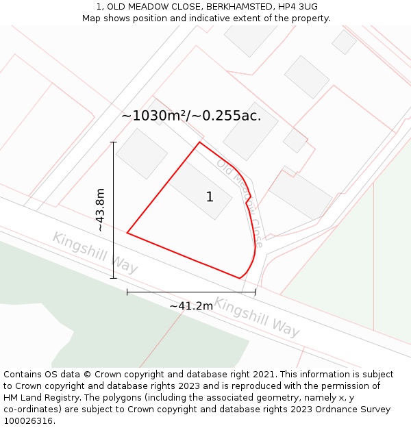 1, OLD MEADOW CLOSE, BERKHAMSTED, HP4 3UG: Plot and title map