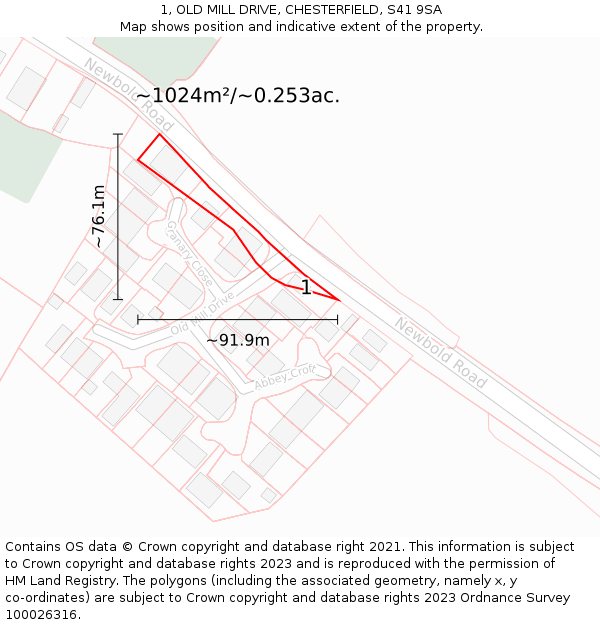 1, OLD MILL DRIVE, CHESTERFIELD, S41 9SA: Plot and title map