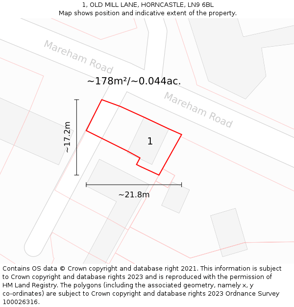 1, OLD MILL LANE, HORNCASTLE, LN9 6BL: Plot and title map