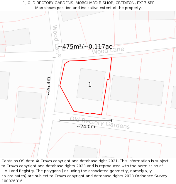 1, OLD RECTORY GARDENS, MORCHARD BISHOP, CREDITON, EX17 6PF: Plot and title map