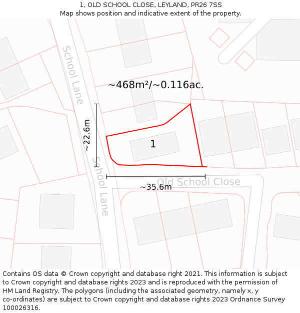 1, OLD SCHOOL CLOSE, LEYLAND, PR26 7SS: Plot and title map