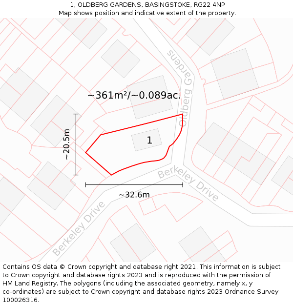 1, OLDBERG GARDENS, BASINGSTOKE, RG22 4NP: Plot and title map